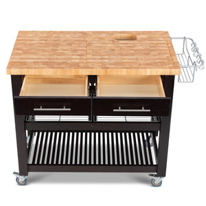 Portable Kitchen Cart with Extra Large Butcher Block Top and Wire Baskets in Espresso Finish