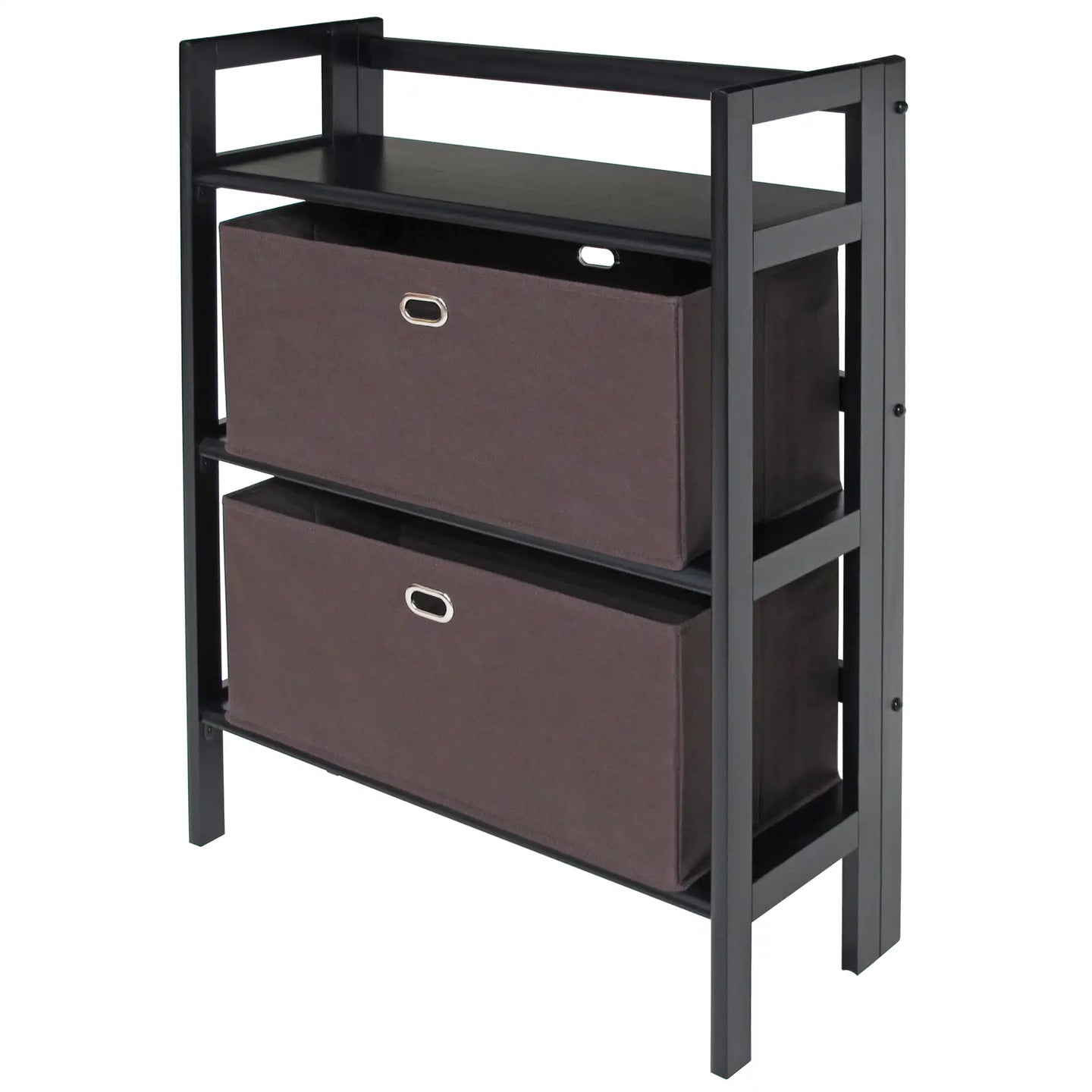 Winsome Wood Torino 3-Pc Foldable Shelf with 2 Foldable Wide Fabric Baskets in Black and Chocolate