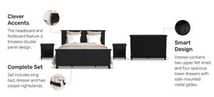 Homestyles Oak Park Black King Bed, Two Nightstands and Dresser