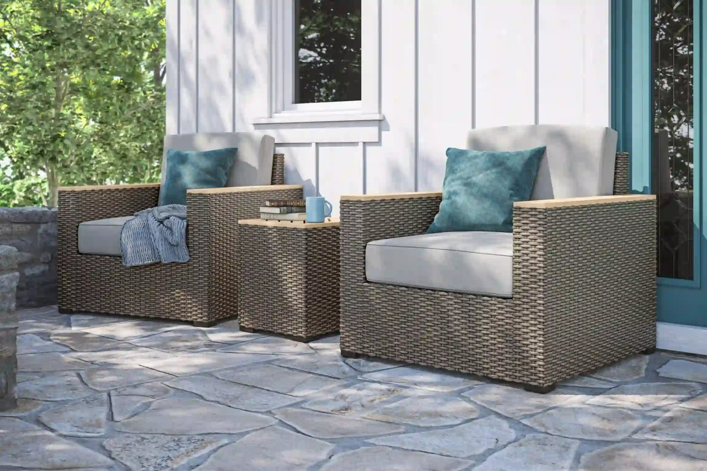 Homestyles Boca Raton Brown Outdoor Arm Chair Pair and Side Table