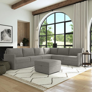 Flex 6-Seat Sectional with Narrow Arm and Storage Ottoman - Pebble
