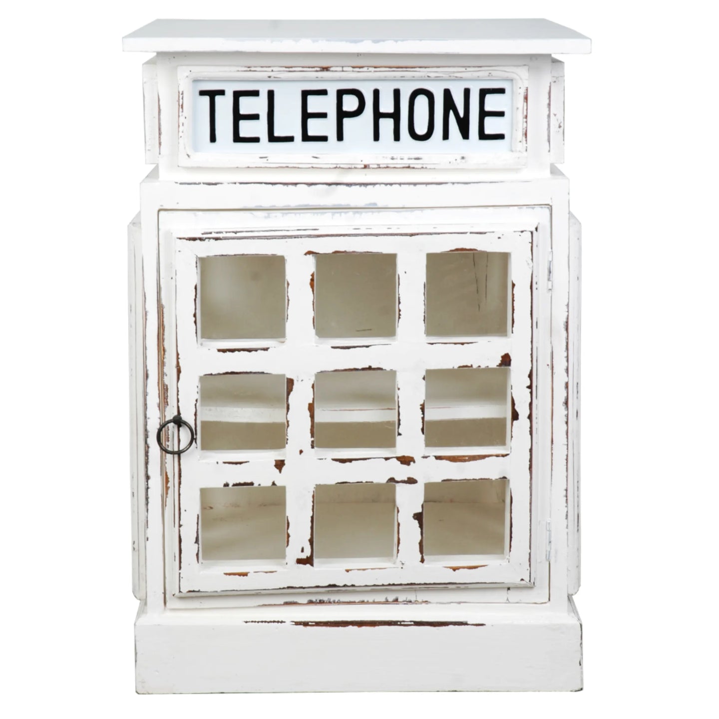 Sunset Trading Cottage English Phone Booth End Table | Distressed White | Solid Wood | Fully Assembled Glass Display Accent Furniture