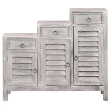 Load image into Gallery viewer, Sunset Trading Cottage Three Tiered Shutter Cabinet | Distressed Light Grey Solid Wood | Fully Assembled Accent Storage Shelf Console