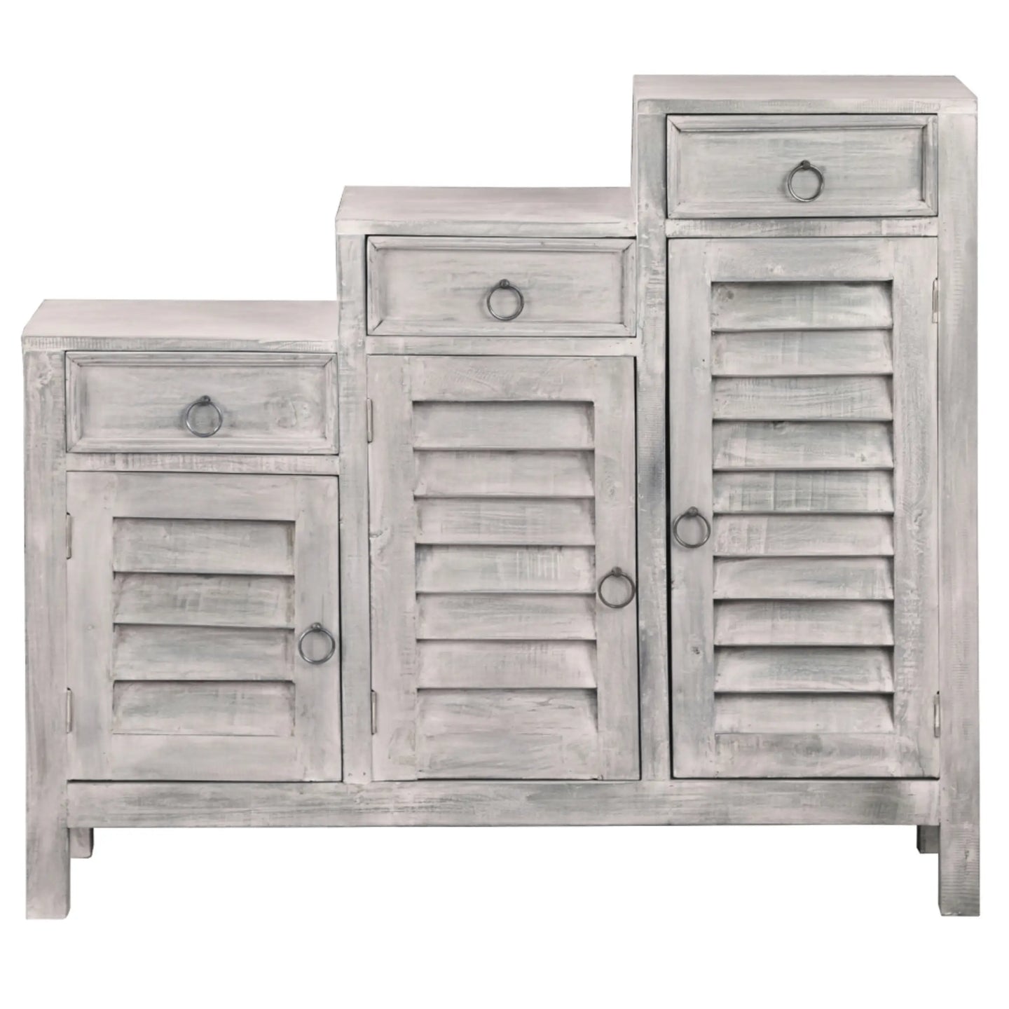 Sunset Trading Cottage Three Tiered Shutter Cabinet | Distressed Light Grey Solid Wood | Fully Assembled Accent Storage Shelf Console