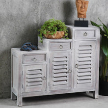 Load image into Gallery viewer, Sunset Trading Cottage Three Tiered Shutter Cabinet | Distressed Light Grey Solid Wood | Fully Assembled Accent Storage Shelf Console