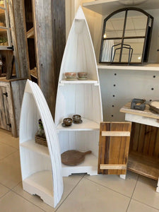 Sunset Trading Cottage 3 Piece Boat Shaped Freestanding Shelves | Distressed White Solid Wood | Fully Assembled Nautical Display Cases