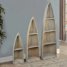 Load image into Gallery viewer, Sunset Trading Cottage 3 Piece Boat Shaped Freestanding Shelves | Driftwood Brown Solid Wood | Fully Assembled Nautical Display Cases
