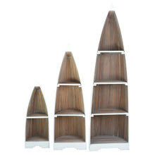 Load image into Gallery viewer, Sunset Trading Cottage 3 Piece Boat Shaped Freestanding Shelves | White/Driftwood Brown Solid Wood | Fully Assembled Nautical Display Cases