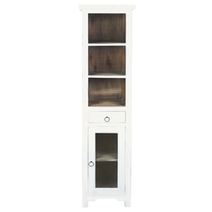 Sunset Trading Cottage Solid Wood Tall Narrow Cabinet | Shelves Cabinet Drawer | Distressed White/Driftwood Brown Solid Wood | Fully Assembled Open Display Cupboard