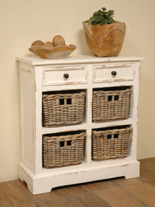 Sunset Trading Cottage Storage Cabinet with Baskets | Distressed White Solid Wood | Fully Assembled Side Table