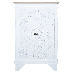 Sunset Trading Cottage Carved Accent Cabinet | Distressed White/Driftwood Brown Solid Wood | Fully Assembled Hall Table