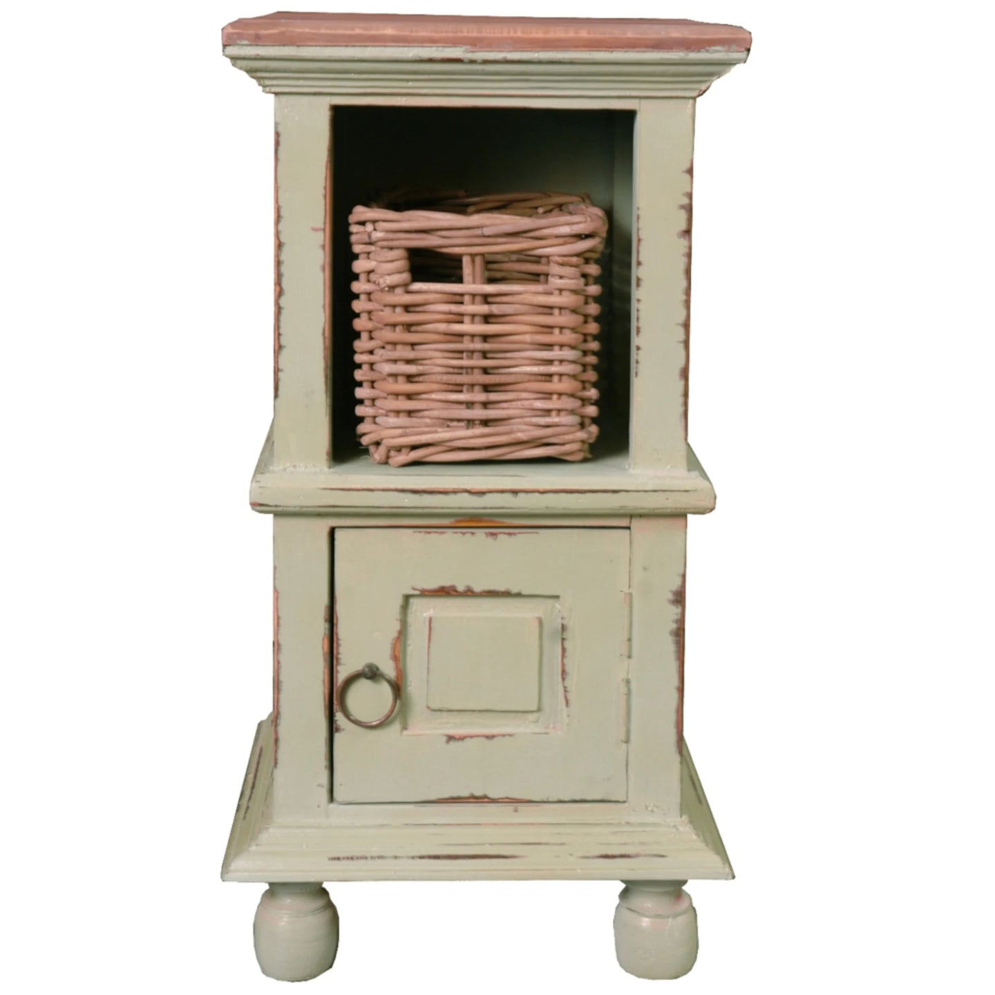 Sunset Trading Cottage End Table with Basket | Light Green/Raftwood Solid Wood | Fully Assembled