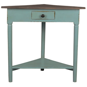 Sunset Trading Cottage Corner End Table with Shelf | Distressed Beach Blue/ Raftwood Brown Solid Wood | Fully Assembled Triangle Accent Stand