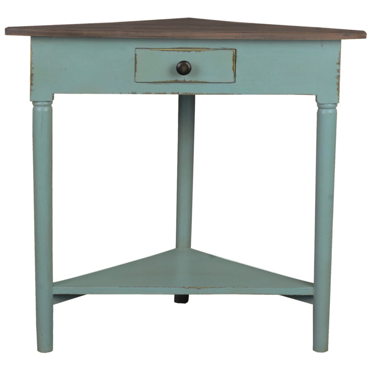 Sunset Trading Cottage Corner End Table with Shelf | Distressed Beach Blue/ Raftwood Brown Solid Wood | Fully Assembled Triangle Accent Stand
