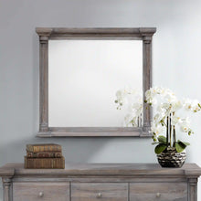 Load image into Gallery viewer, Sunset Trading Fawn Gray Wood Framed Beveled Mirror| Light Grey Solid Acacia Wood