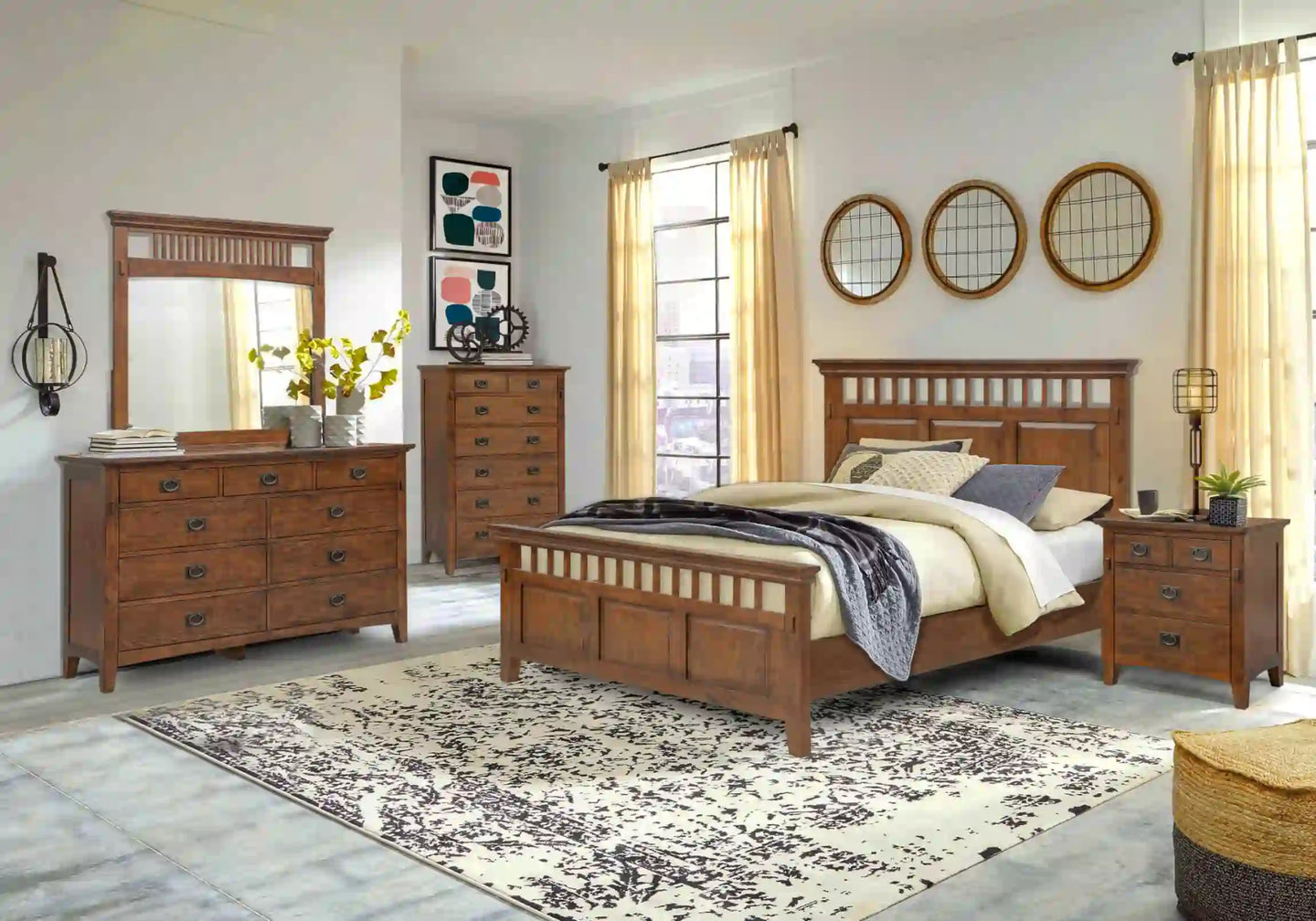Sunset Trading Mission Bay 5 Piece Queen Bedroom Set | Amish Brown Solid Wood | Panel Bed Dresser Mirror Chest Nightstand