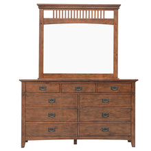 Load image into Gallery viewer, Sunset Trading Mission Bay 9 Drawer Double Bedroom Dresser with Beveled Mirror | Amish Brown Solid Wood | Fully Assembled Dresser