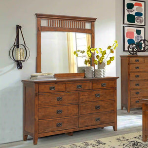 Sunset Trading Mission Bay 9 Drawer Double Bedroom Dresser with Beveled Mirror | Amish Brown Solid Wood | Fully Assembled Dresser