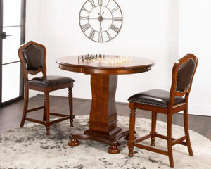 Sunset Trading Bellagio 3 Piece 42" Round Counter Height Dining, Chess and Poker Table Set | Reversible 3 in 1 Game Top | Distressed Cherry Brown Wood | Upholstered Stools with Nailheads