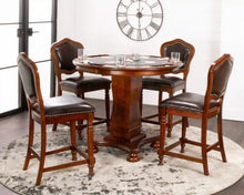 Load image into Gallery viewer, Sunset Trading Bellagio 5 Piece 42&quot; Round Counter Height Dining, Chess and Poker Table Set | Reversible 3 in 1 Game Top | Distressed Cherry Brown Wood | Upholstered Stools with Nailheads