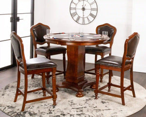 Sunset Trading Bellagio 5 Piece 42" Round Counter Height Dining, Chess and Poker Table Set | Reversible 3 in 1 Game Top | Distressed Cherry Brown Wood | Upholstered Stools with Nailheads