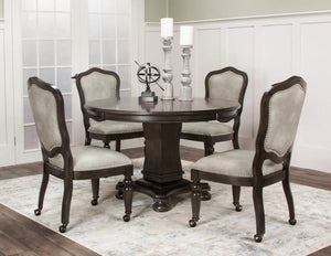 Sunset Trading 5 Piece 48" Round Vegas Dining and Poker Table Set | Reversible Game Top | Gray Wood | Caster Chairs with Nailheads