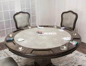 Sunset Trading 5 Piece 48" Round Vegas Dining and Poker Table Set | Reversible Game Top | Gray Wood | Caster Chairs with Nailheads