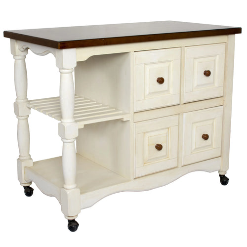 Sunset Trading Andrews Kitchen Cart | Four Drawers | Open Shelves | Antique White and Chestnut Brown