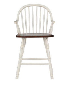 Sunset Trading Andrews 24" Windsor Barstool with Arms | Counter Height Stool | Antique White and Chestnut Brown | Set of 2 
