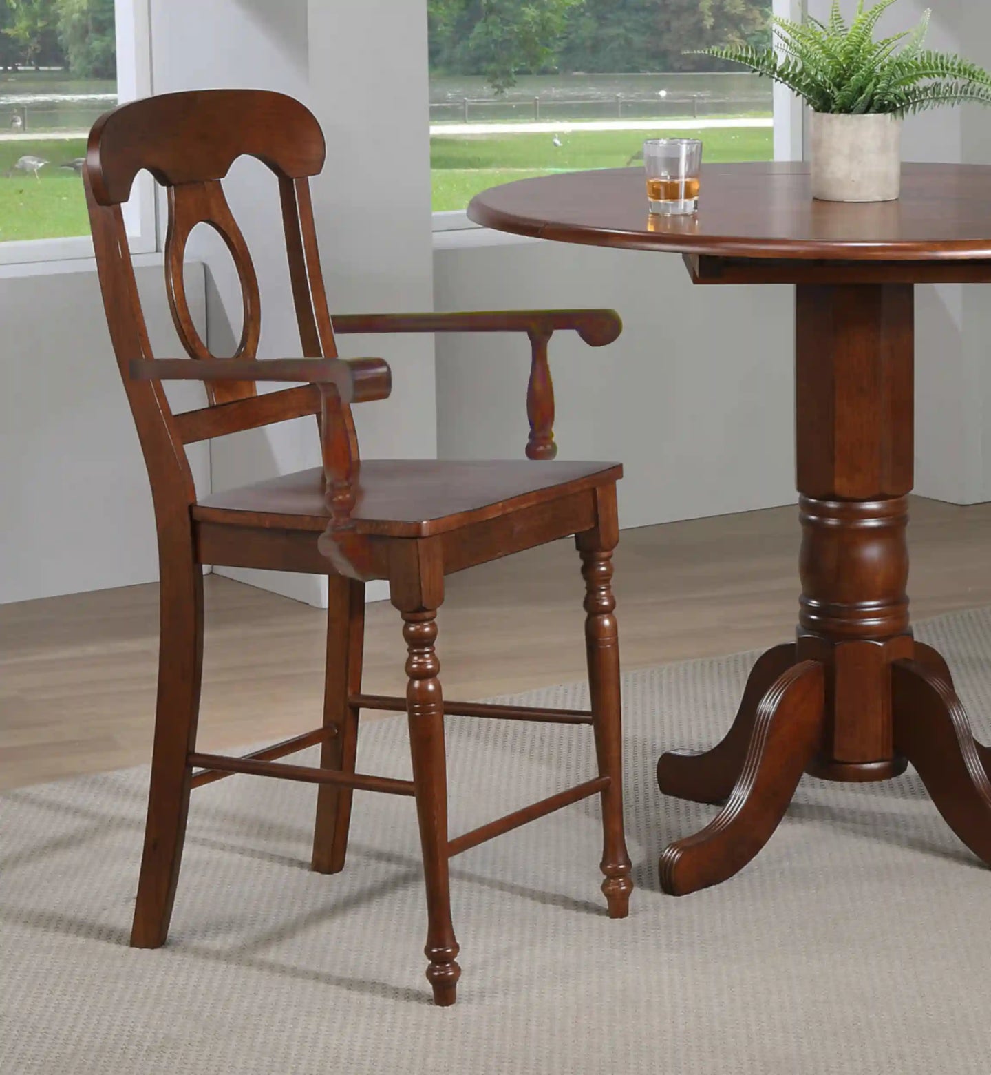 Sunset Trading Andrews Napoleon Barstool with Arms | Chestnut Brown | Counter Height Stool | Set of 2