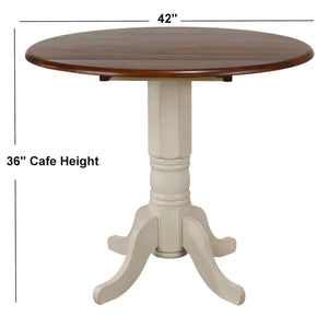 Sunset Trading Andrews 42" Round Extendable Drop Leaf Pub Table | Antique White with Chestnut Brown Top | Seats 4
