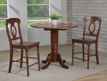 Load image into Gallery viewer, Sunset Trading Andrews 3 Piece 42&quot; Round Extendable Drop Leaf Pub Table Set | Chestnut Brown | Napoleon Stools | Seats 4