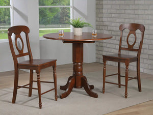 Sunset Trading Andrews 3 Piece 42" Round Extendable Drop Leaf Pub Table Set | Chestnut Brown | Napoleon Stools | Seats 4