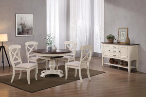Sunset Trading Andrews 6 Piece 48" Round or 66" Oval Extendable Dining Set | Butterfly Leaf Table | Sideboard with Large Display Shelf 3 Drawers 2 Storage Cabinets | Antique White and Chestnut Brown | Seats 6