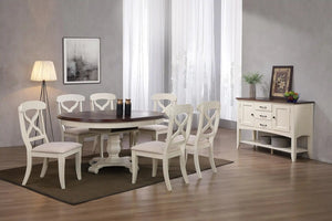 Sunset Trading Andrews 8 Piece 48" Round or 66" Oval Extendable Dining Set | Butterfly Leaf Table | Sideboard with Large Display Shelf 3 Drawers 2 Storage Cabinets | Antique White and Chestnut Brown | Seats 6