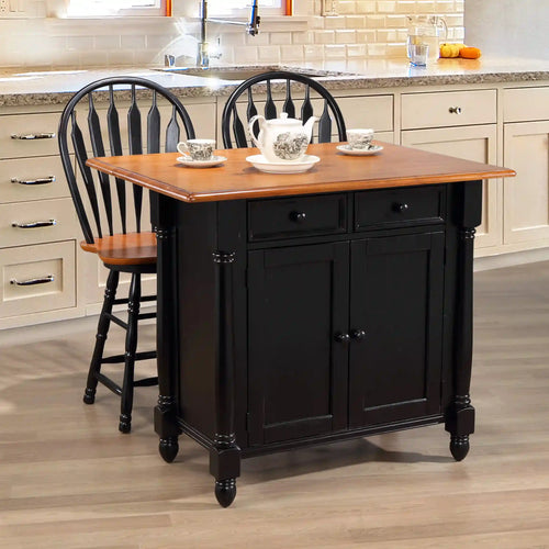 Sunset Trading Antique Black Expandable Kitchen Island with 2 Swivel Stools | Cherry Drop Leaf Top | Drawers and Cabinet