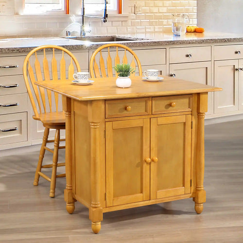Sunset Trading Light Oak Expandable Drop Leaf Kitchen Island with 2 Swivel Stools | Breakfast Bar | Drawers and Cabinet