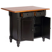 Load image into Gallery viewer, Sunset Trading Antique Black Expandable Kitchen Island with Cherry Drop Leaf Top | Drawers and Cabinet