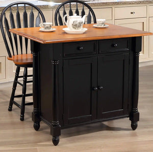 Sunset Trading Antique Black Expandable Kitchen Island with Cherry Drop Leaf Top | Drawers and Cabinet