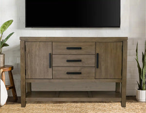 Sunset Trading Saunders Sideboard Buffet Server TV Home Entertainment Center | Storage Cabinet Drawers Open Shelf USB Power Strip | Brown Acacia Wood | Accent Console Table for Kitchen, Dining, Living Room, Entryway, Bedroom