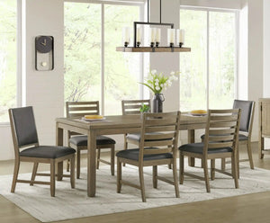 Sunset Trading Saunders 7PC Extendable Dining Table Set | 2 Gray Upholstered Sidechairs | 4 Slat Back Chairs Padded Seats | Brown Acacia Wood