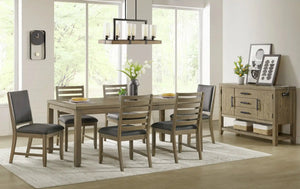Sunset Trading Saunders 8PC Extendable Dining Table Set | Server Storage Drawers Cabinet Open Shelf USB Power Strip Charging Station | 2 Gray Upholstered Sidechairs | 4 Slat Back Chairs Padded Seats | Brown Acacia Wood