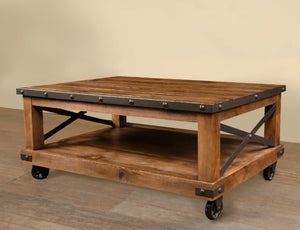 Sunset Trading Rustic City Coffee Table| Cocktail Table| Shelf | Wheels