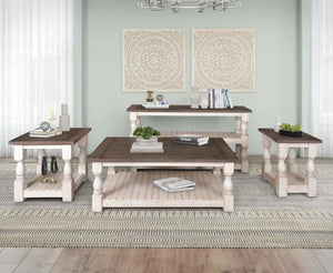 Sunset Trading Rustic French 4 Piece Living Room Table Set | Sofa Console | Cocktail | Side and End | Distressed White and Brown Solid Wood