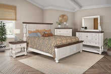 Load image into Gallery viewer, Sunset Trading Rustic French 5 Piece King Bedroom Set | 2 Door 6-Drawer Dresser with Mirror | 3 Drawer Vertical Chest | Panel Bed | Nightstand | Distressed White and Brown Solid Wood