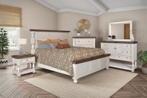Sunset Trading Rustic French 5 Piece King Bedroom Set | 2 Door 6-Drawer Dresser with Mirror | 3 Drawer Vertical Chest | Panel Bed | Nightstand | Distressed White and Brown Solid Wood