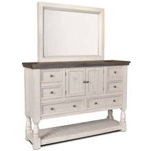 Load image into Gallery viewer, Sunset Trading Rustic French 5 Piece King Bedroom Set | 2 Door 6-Drawer Dresser with Mirror | 3 Drawer Vertical Chest | Panel Bed | Nightstand | Distressed White and Brown Solid Wood