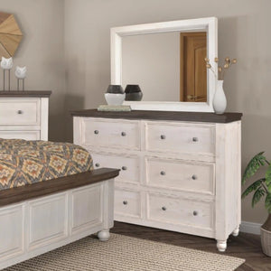 Sunset Trading Rustic French 6 Drawer Double Dresser and Mirror Set | Distressed White and Brown Solid Wood