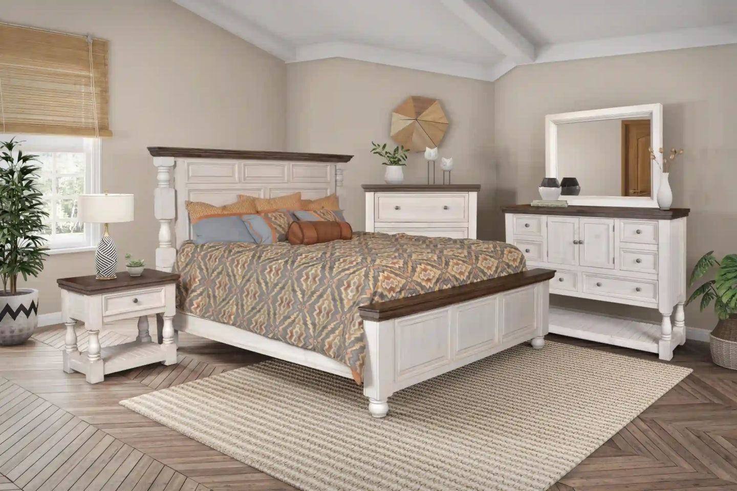 Sunset Trading Rustic French King Panel Bed | Distressed White and Brown Solid Wood