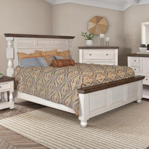 Sunset Trading Rustic French Queen Panel Bed | Distressed White and Brown Solid Wood